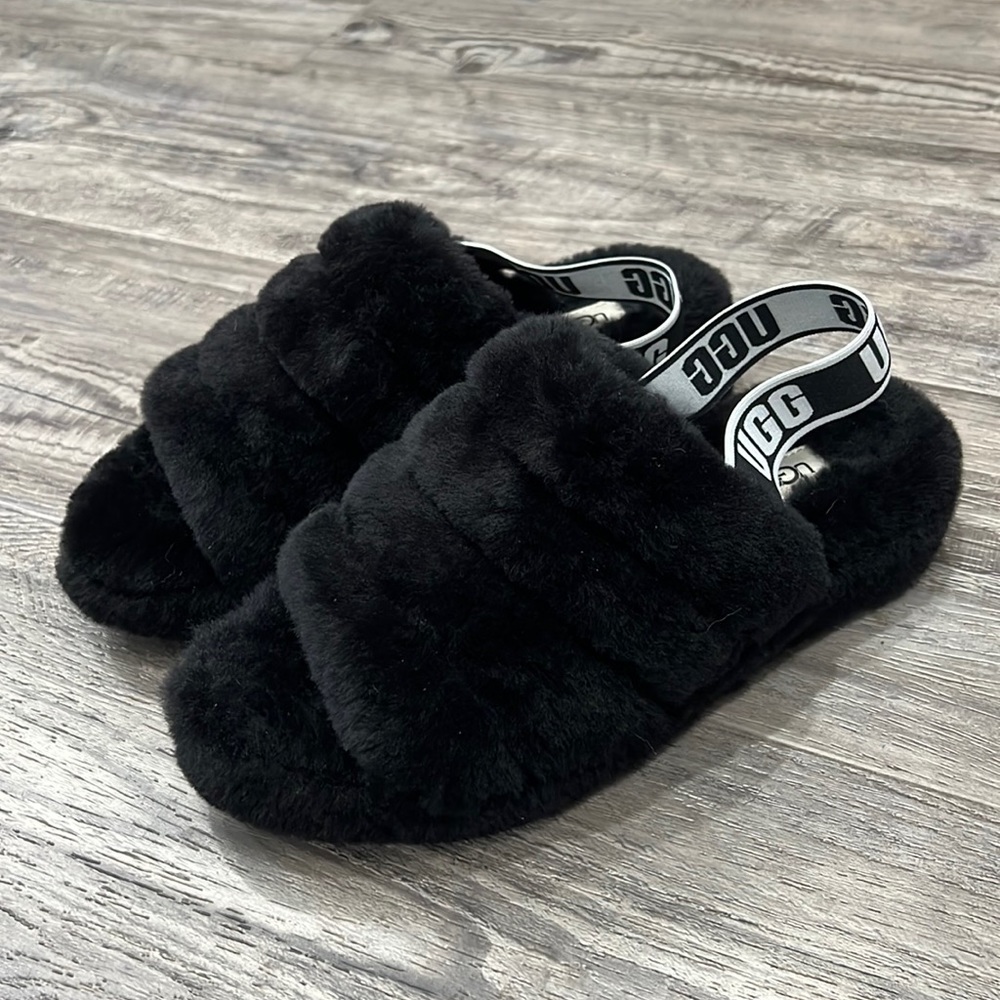 New UGG Black Fluff Yeah Slide Slippers